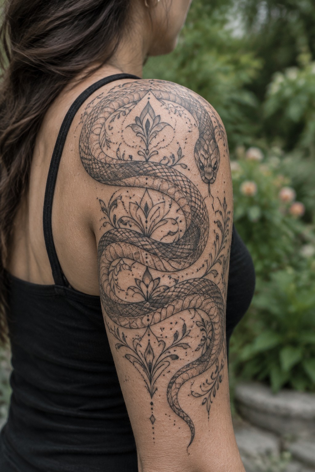 Woman in black tank top with large ornate snake tattoo on shoulder and arm
