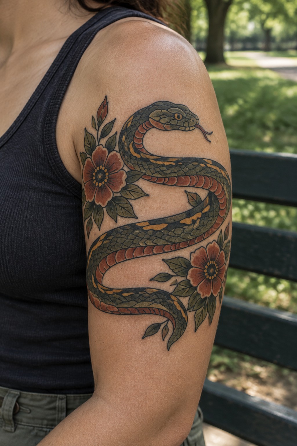 Traditional snake tattoo wrapping around a woman's upper arm with green and brown scales, orange accents, and red flowers with leaves.