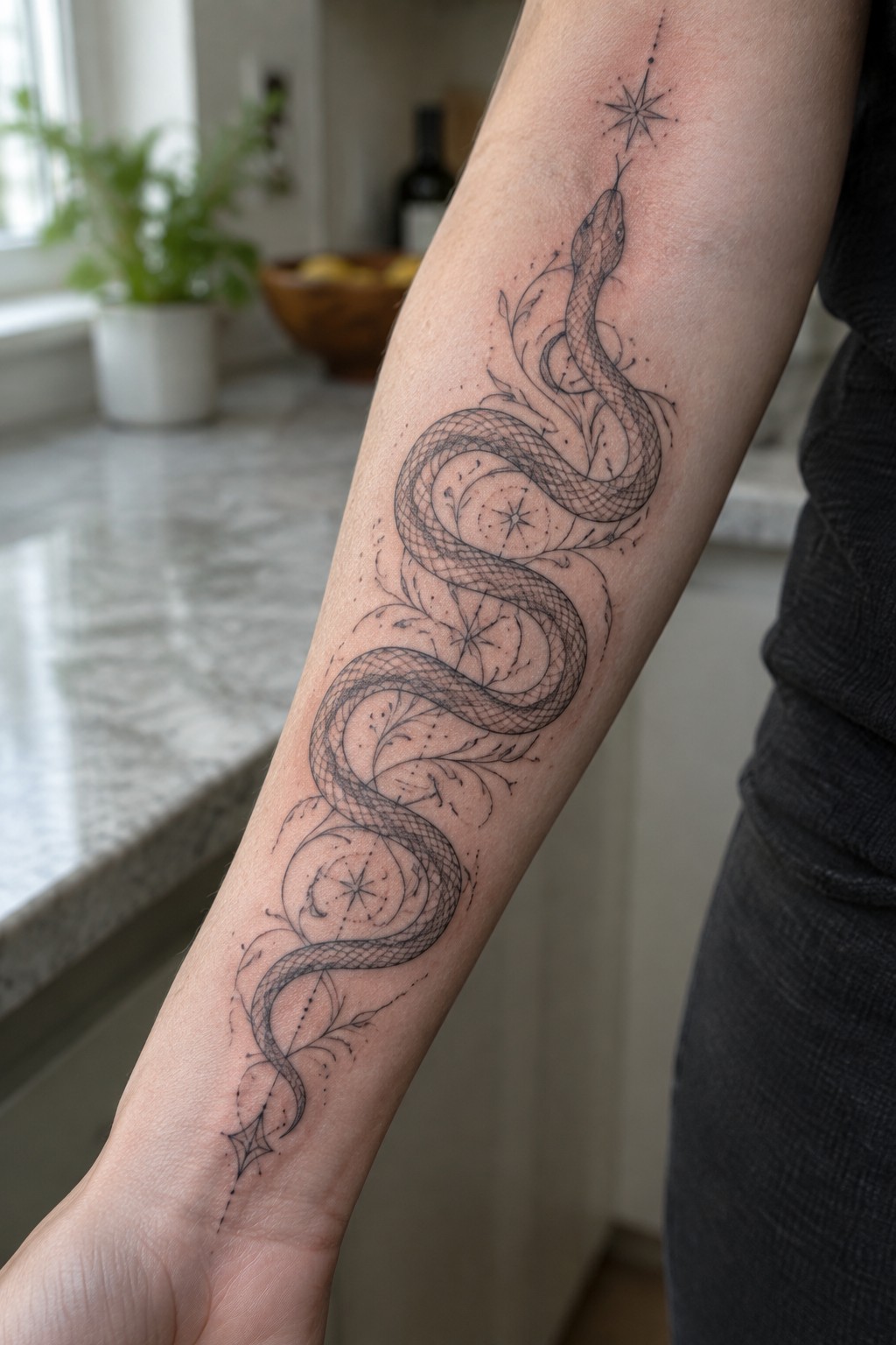 Fine line snake tattoo wrapping a woman's forearm with added leaves and star accents