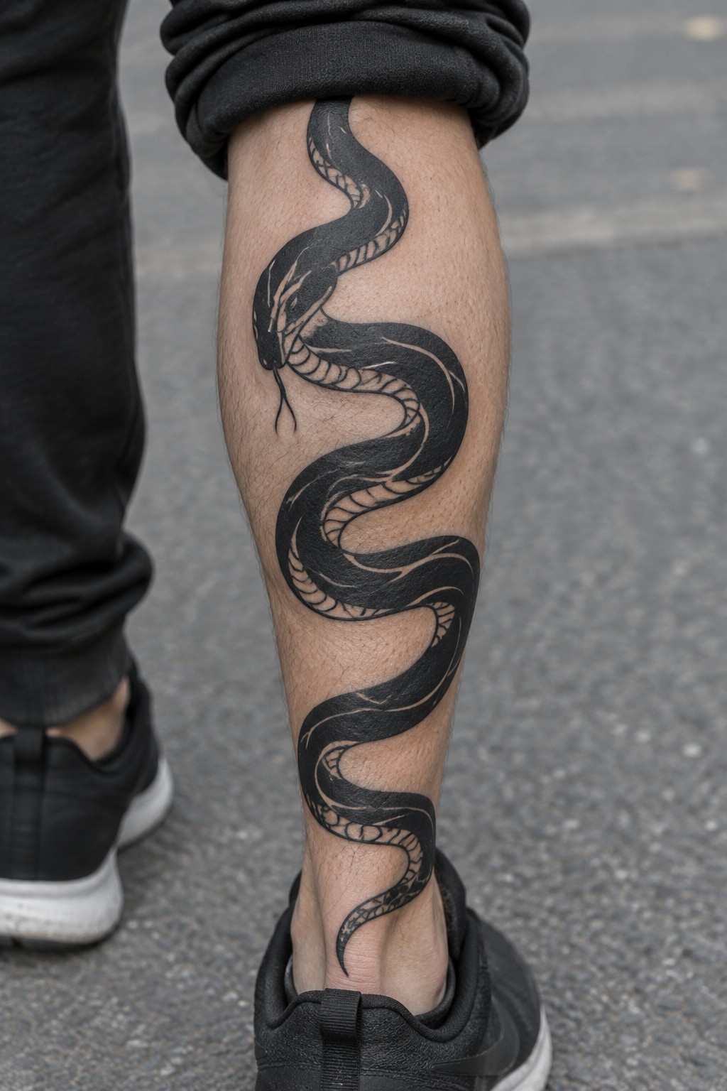 Black snake tattoo coiled around leg above black sneakers on pavement.