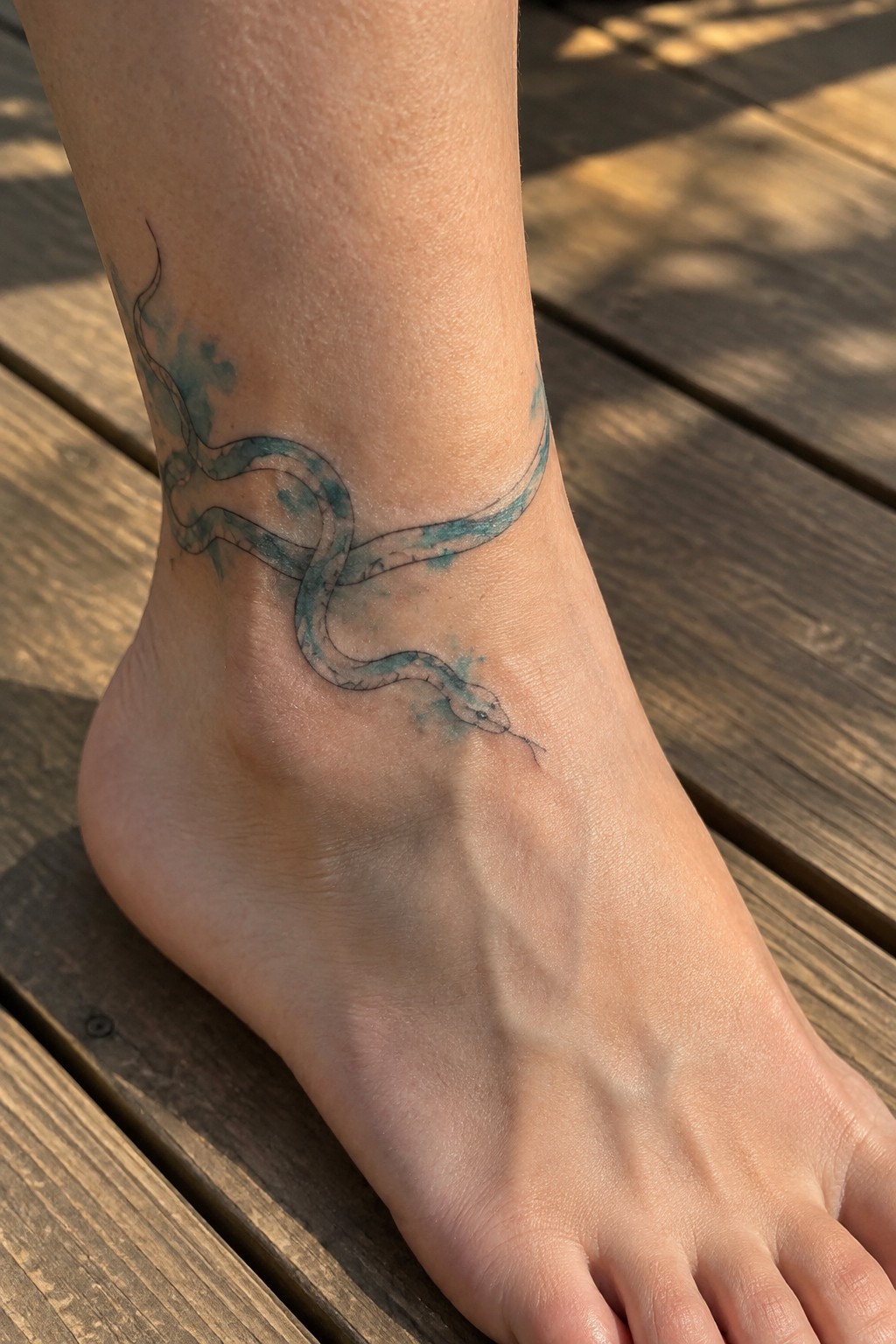 Blue-green snake tattoo winds around ankle above bare foot on wooden deck.