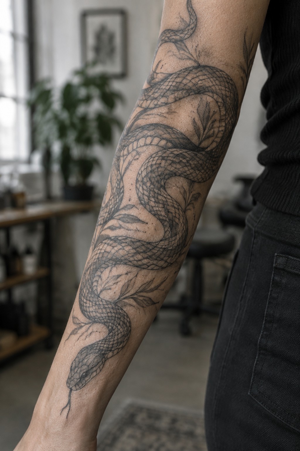 Black and grey snake tattoo wrapping multiple times around a forearm with leaf accents between the coils