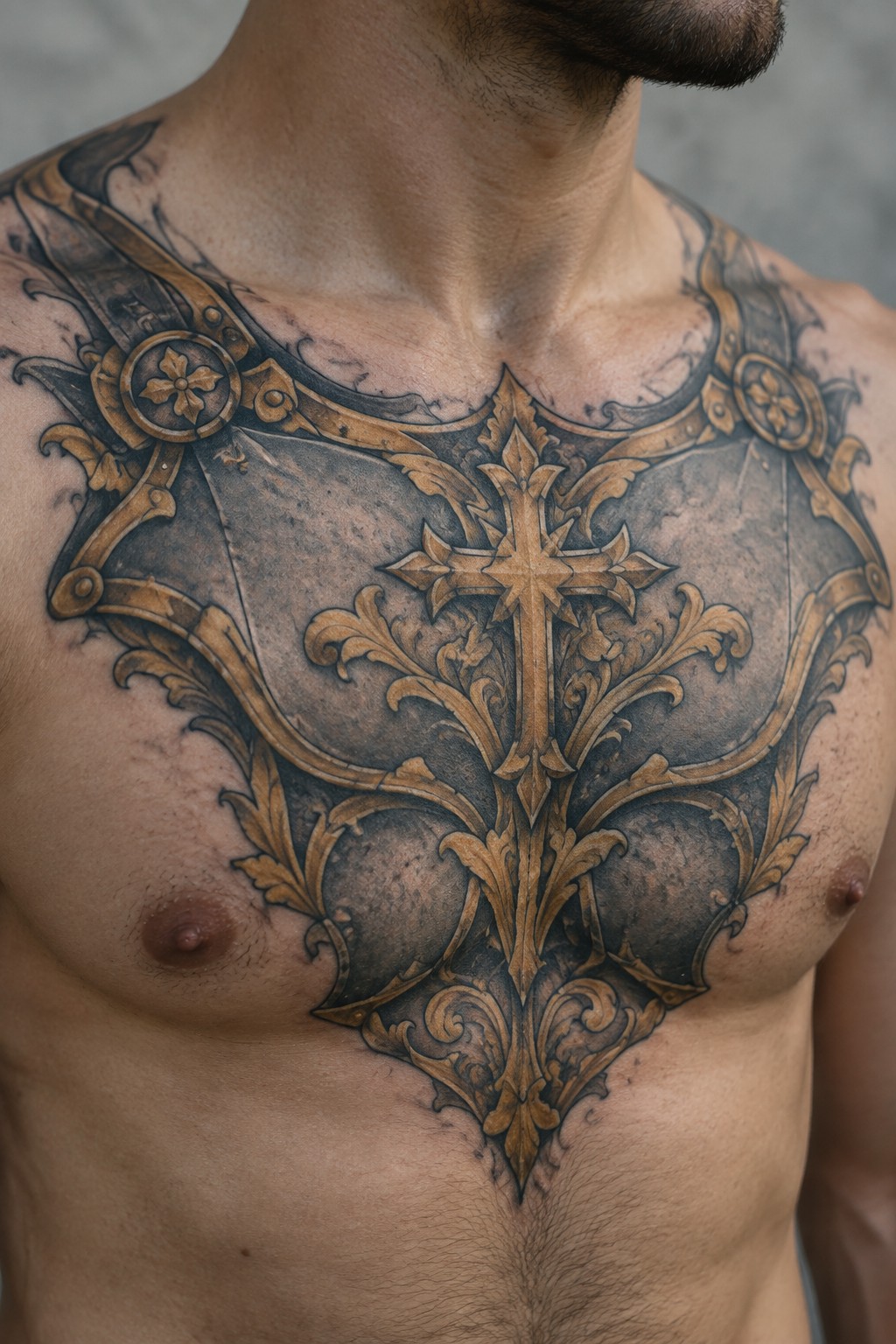 Ornate black-and-gold cross tattoo with baroque designs on man's chest