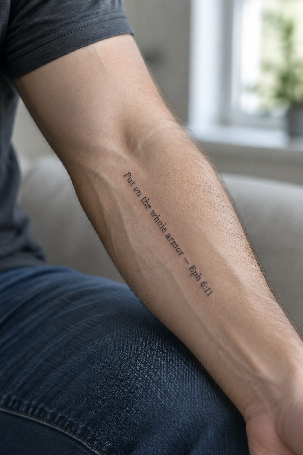 man's inner forearm showing a simple script tattoo of the ephesians 6:11 verse about putting on the whole armor