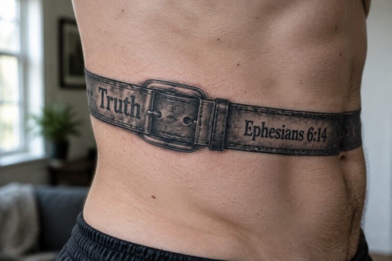 18 Unique Armor of God Tattoos for Men Based on Ephesians 6 Realistic tattoo of black leather belt buckle labeled "Truth" with Ephesians 6:14 on torso