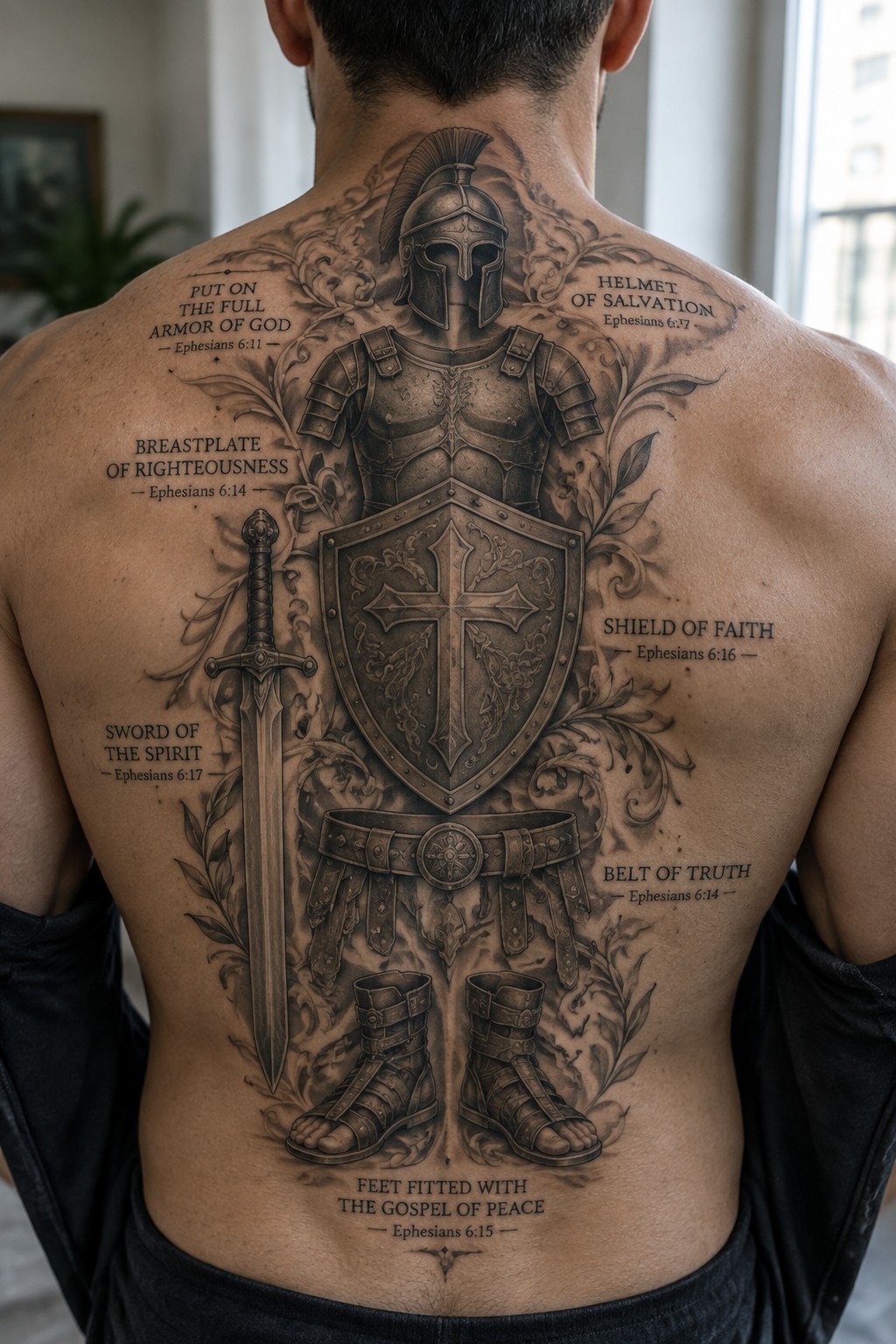 Realistic black and gray full back tattoo showing the complete armor of god with helmet, breastplate, shield, sword, belt, and boots, each labeled with the matching Ephesians verse.