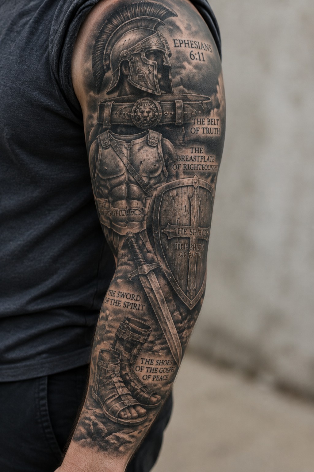 Black and grey realistic sleeve tattoo of the full armor of God on a man's arm, with labeled pieces from Ephesians 6 including helmet, breastplate, belt, shield, sword, and sandals.