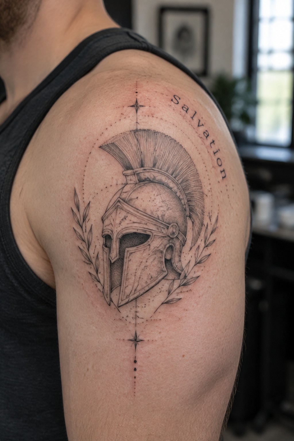 Shoulder in black tank top shows Spartan helmet tattoo with laurels, stars, and Salvation.