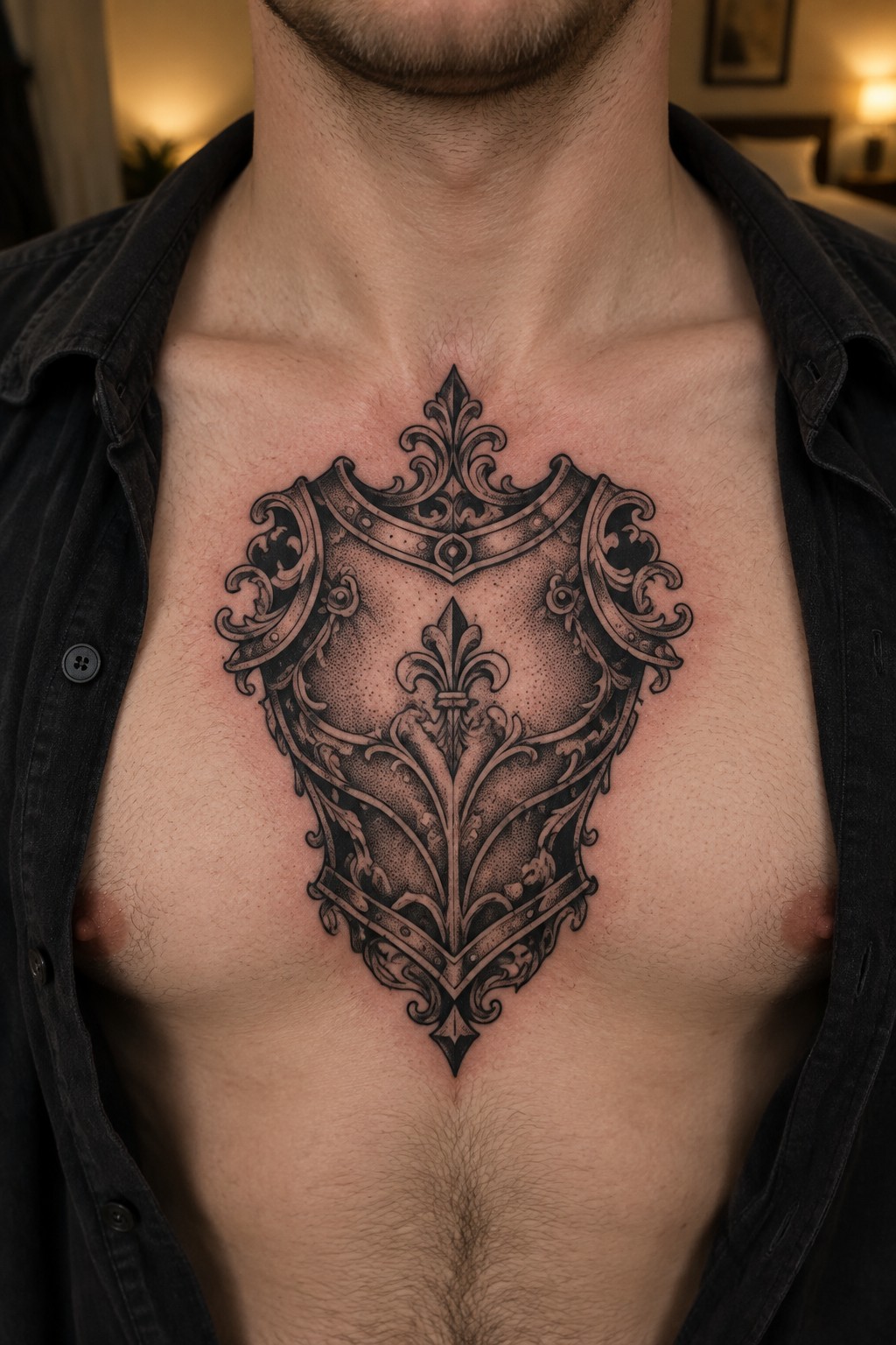 Ornate black armor-style tattoo on man's chest beneath open dark shirt