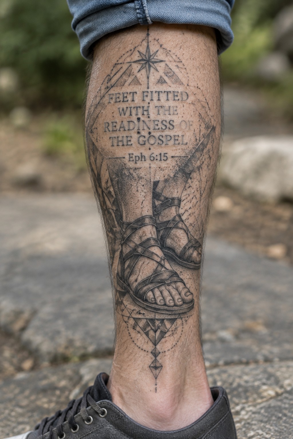 Jeans rolled up showing leg tattoo of sandaled feet, compass, geometric shapes, and Bible verse.