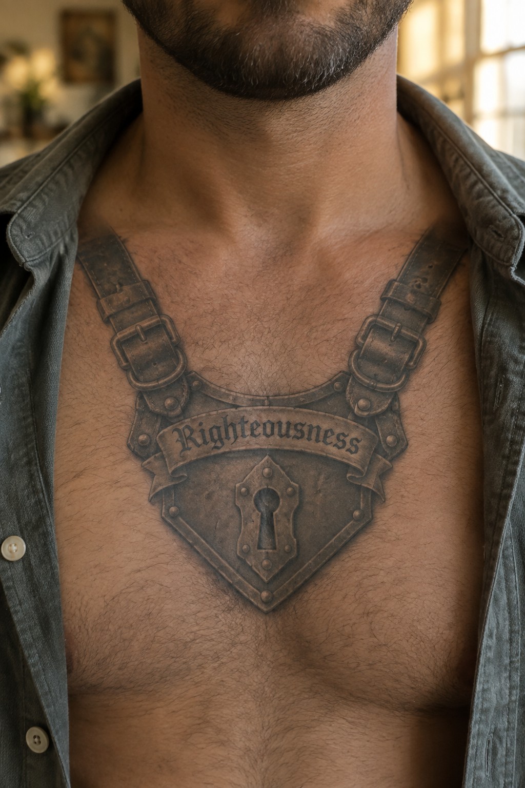 Man's chest tattoo shows shield with righteousness banner, keyhole, and buckled straps, open gray shirt.