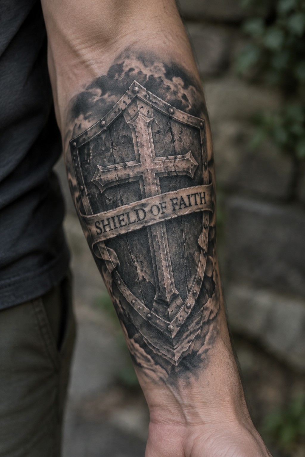 Detailed black-and-gray shield with cross tattoo on forearm against stone wall