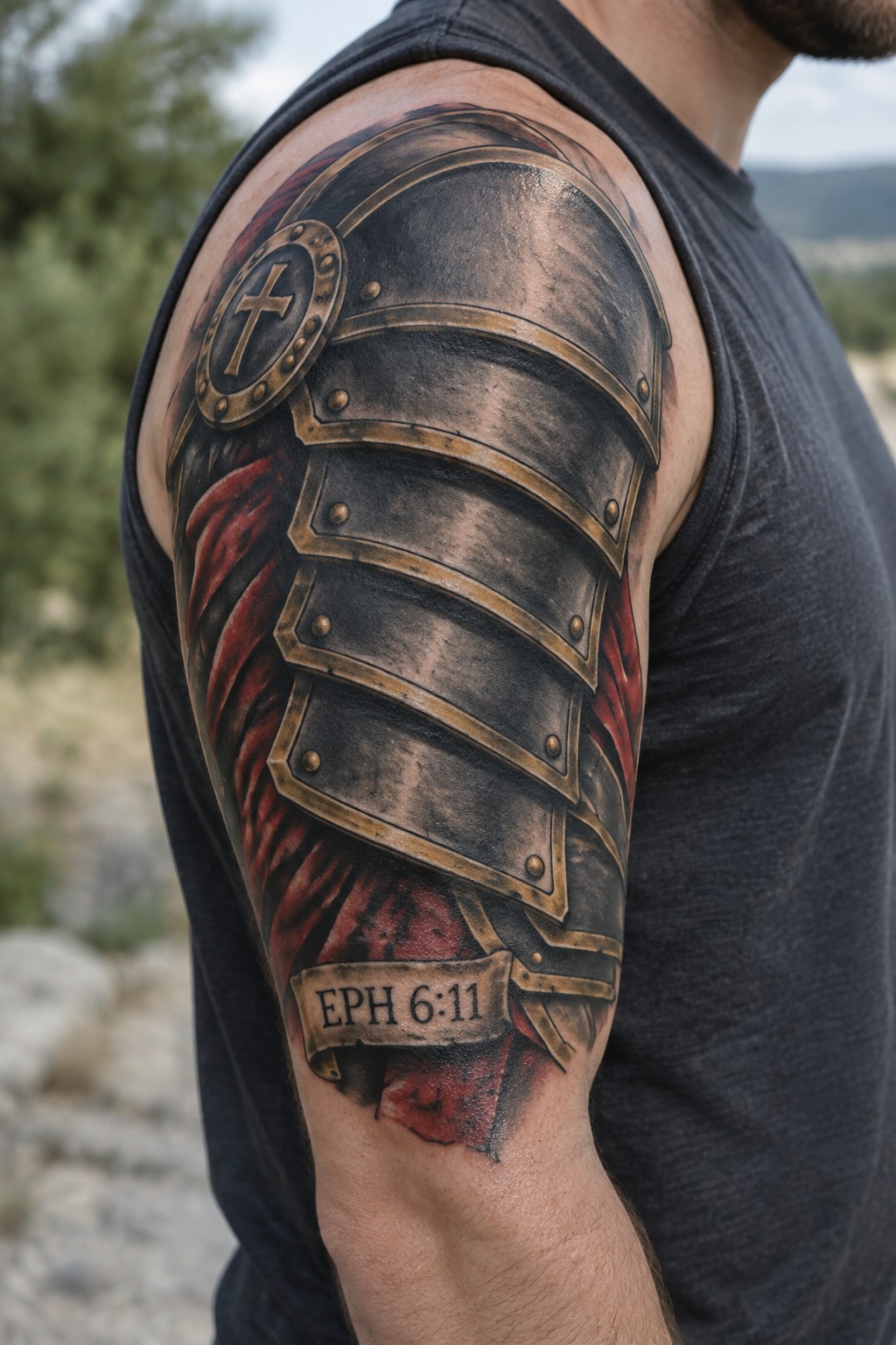 Realistic tattoo of dark segmented armor with cross emblem, red plumes, and EPH 6:11 banner on arm