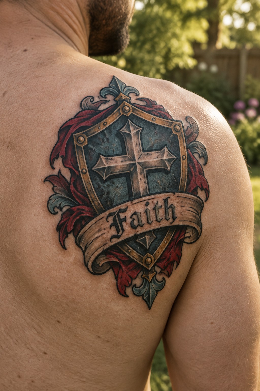 Ornate shield tattoo with cross, red drapery, and Faith banner on shoulder.