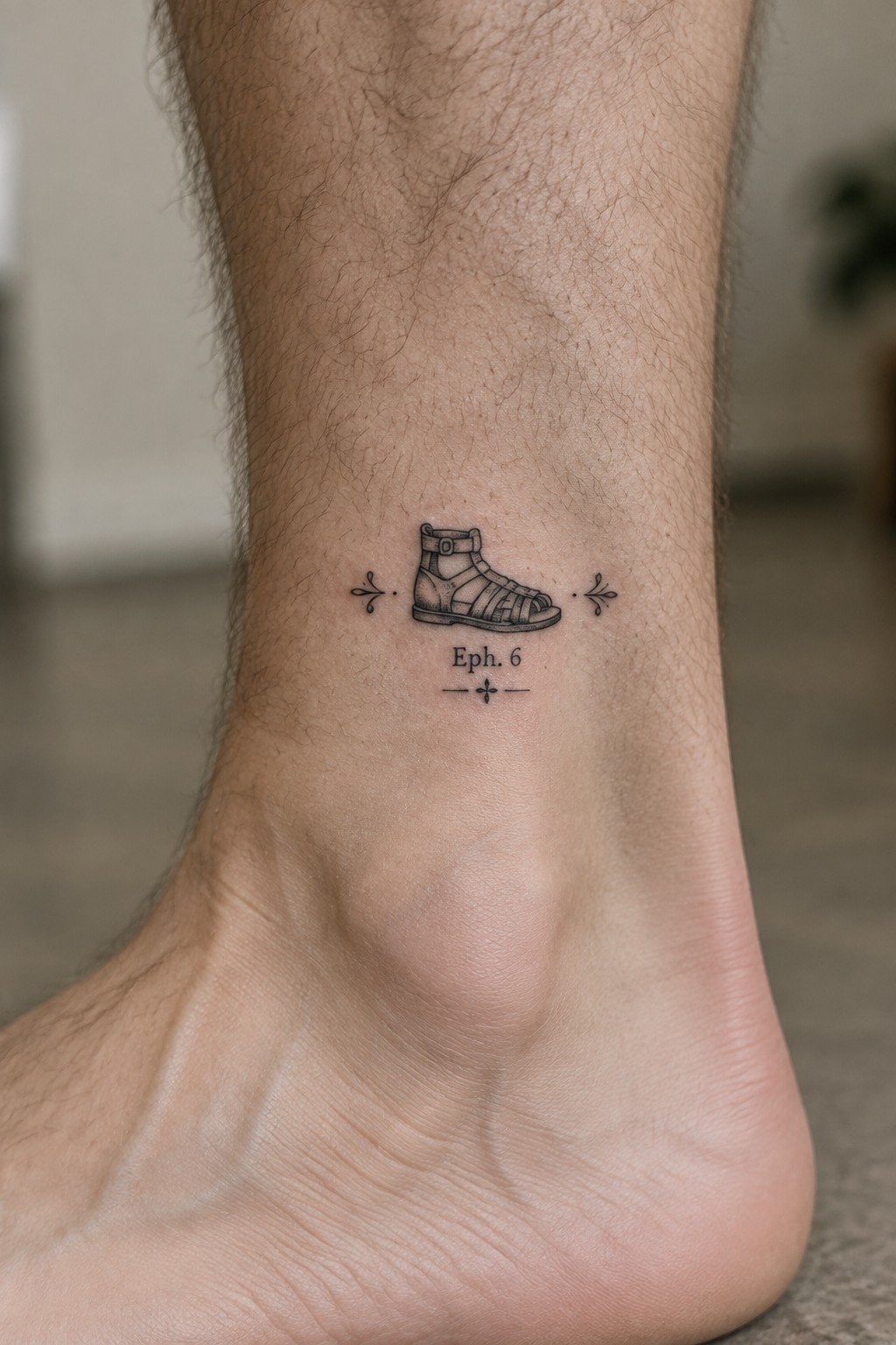 Small black ink tattoo of a sandal on the ankle with Eph. 6 text below it