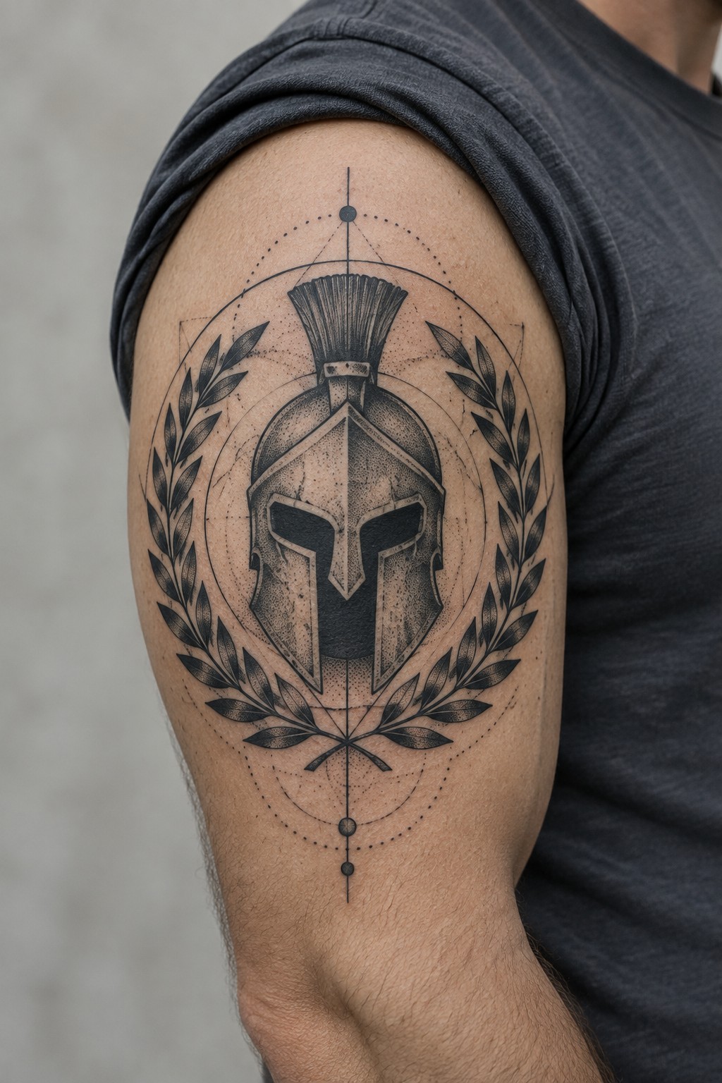 Black ink Spartan helmet tattoo with laurel wreaths on upper arm in gray shirt