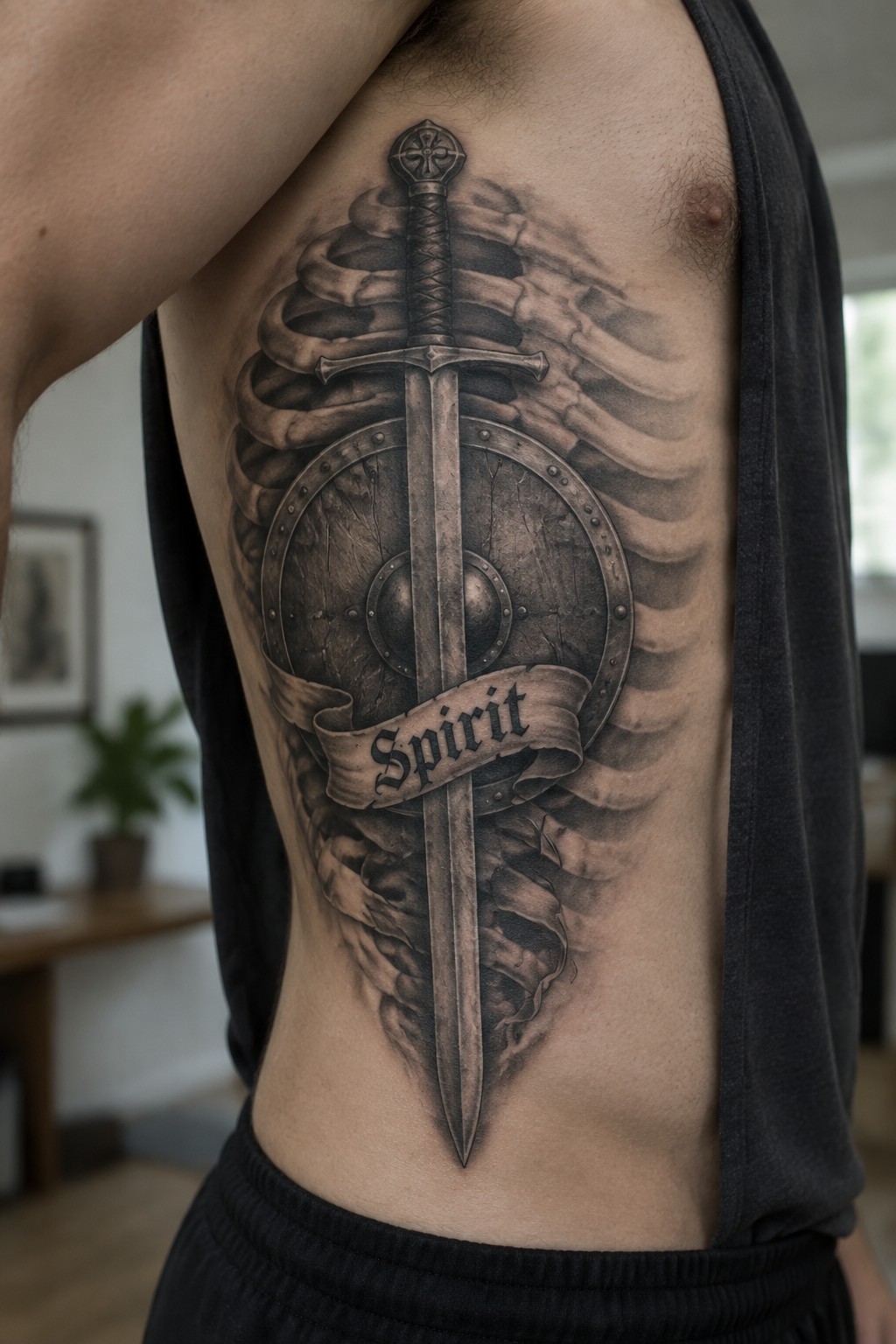 Black and gray realistic tattoo of a sword and shield with a spirit banner on a man's side torso integrated with ribcage details