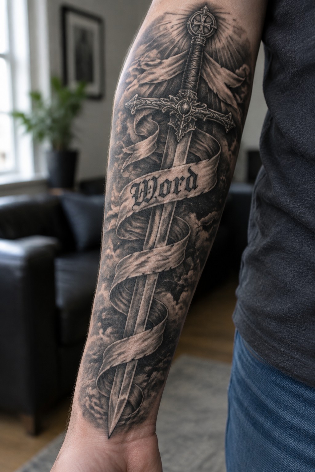 Black and grey realistic tattoo of a large sword wrapped in a banner reading Word with clouds and a cross hilt on a man's forearm