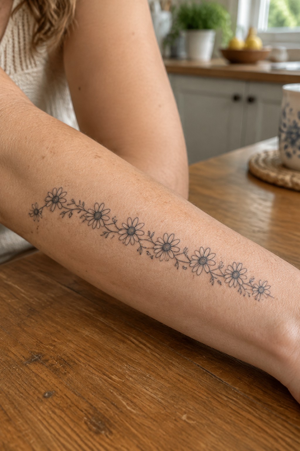Daisy chain tattoo on forearm resting on wooden kitchen table