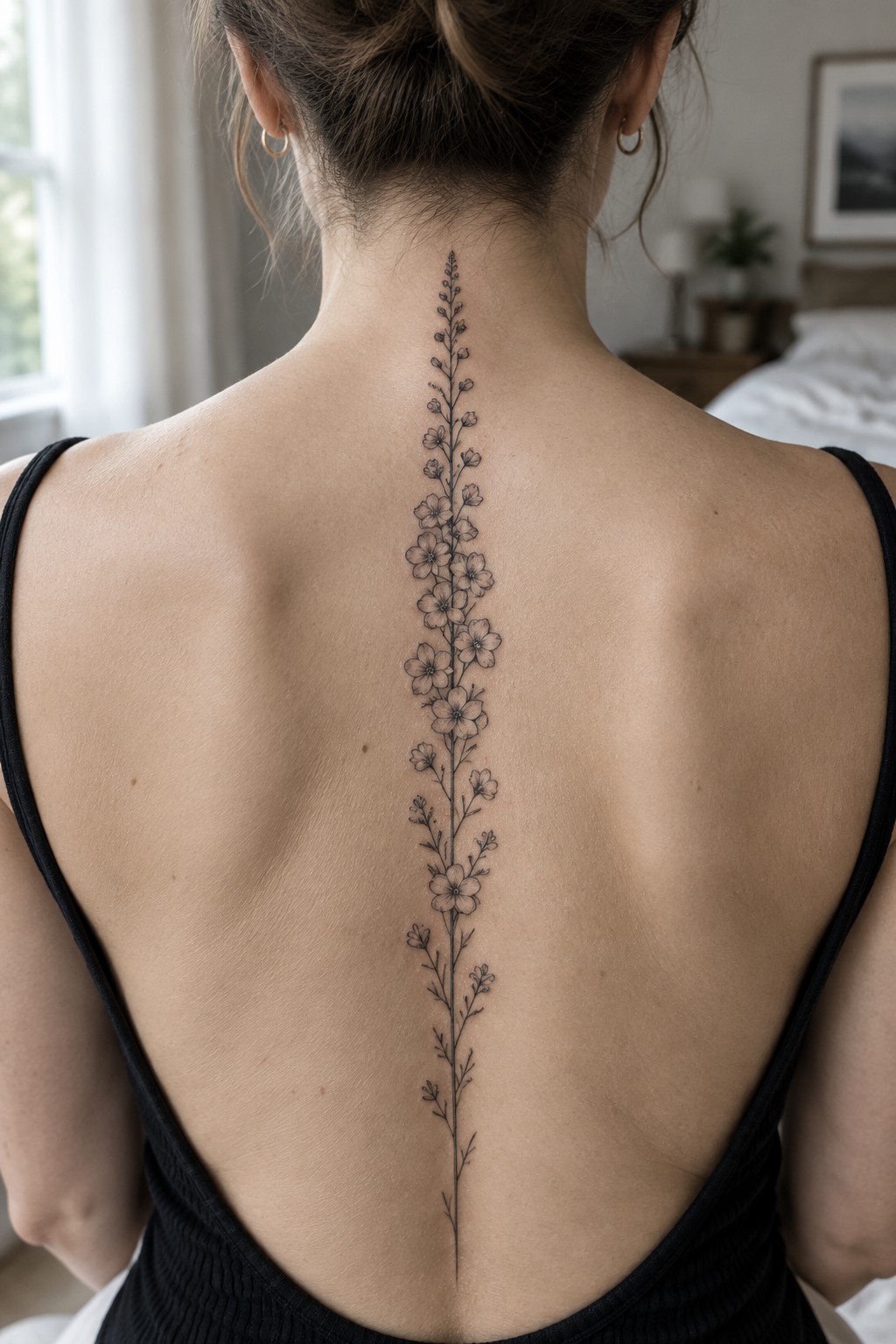 Fine line tattoo of a long vertical flower vine centered along a woman's spine from neck to lower back.
