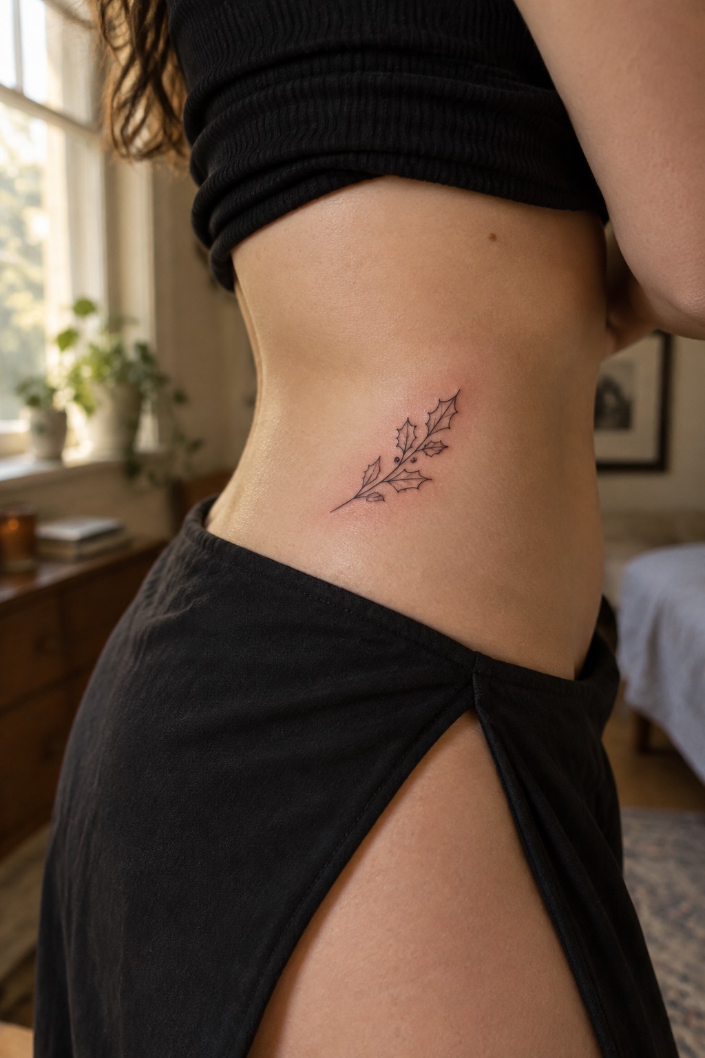 Small holly branch tattoo on hip below black crop top and skirt