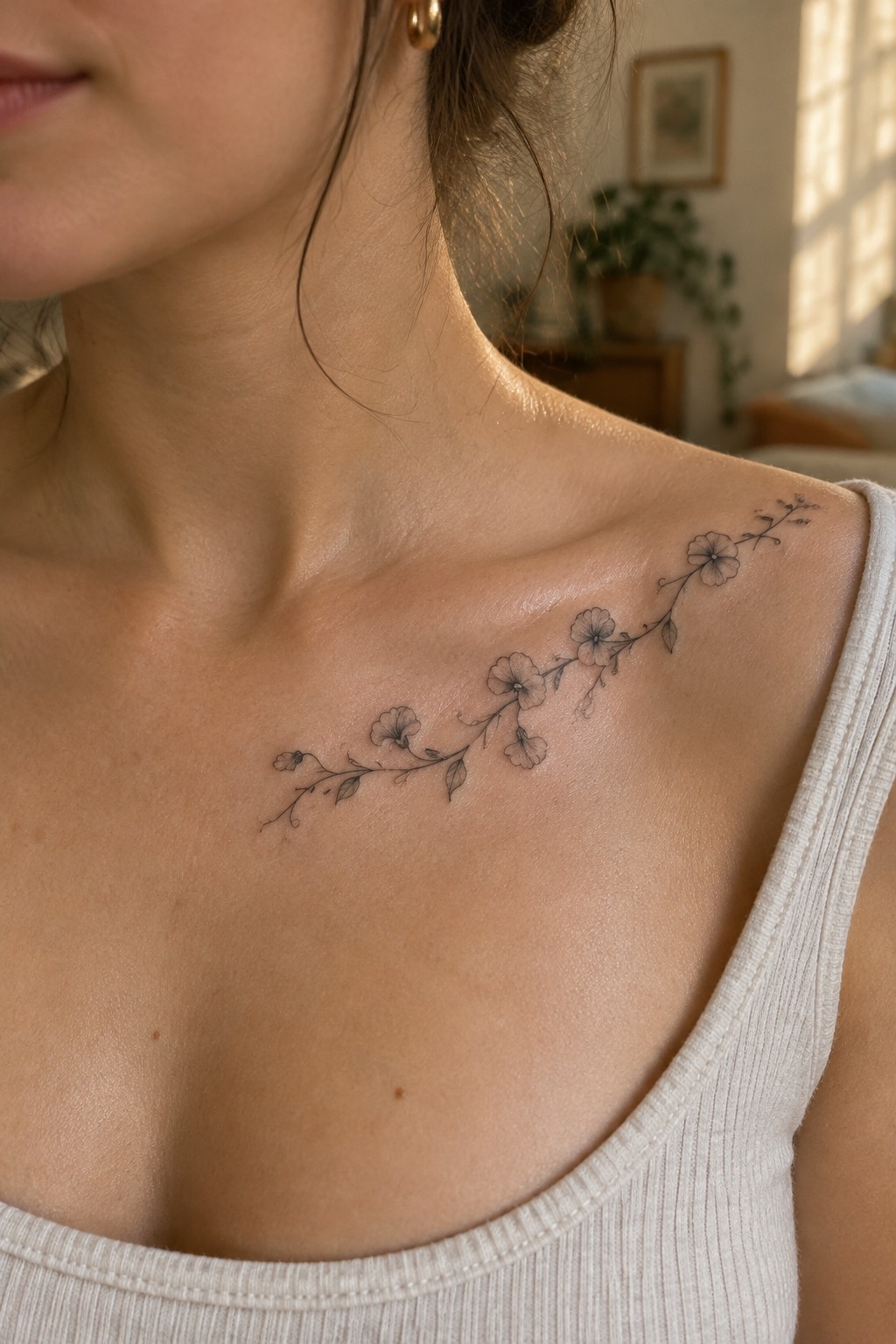 Floral vine tattoo across woman's collarbone above white tank top