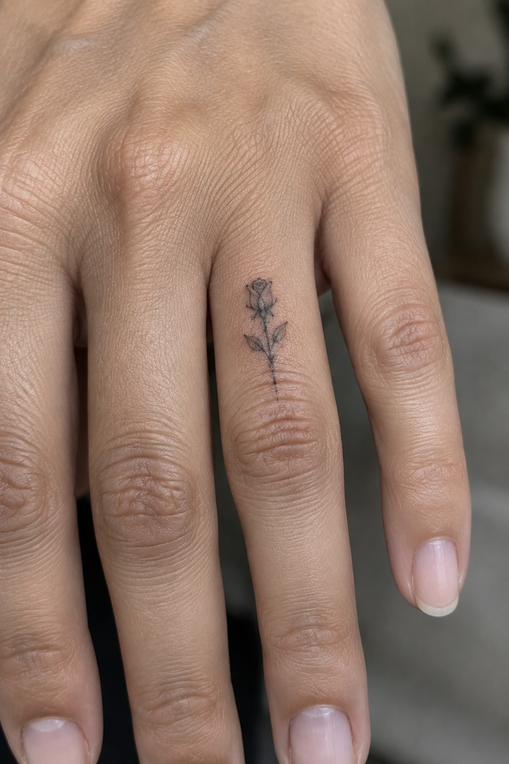 Fine line rose tattoo placed vertically on the side of a finger