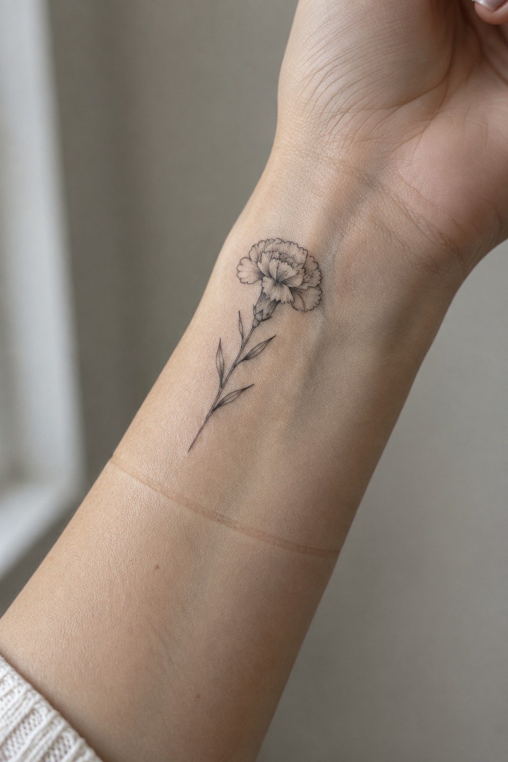 Delicate black carnation tattoo on inner wrist with stem and leaves