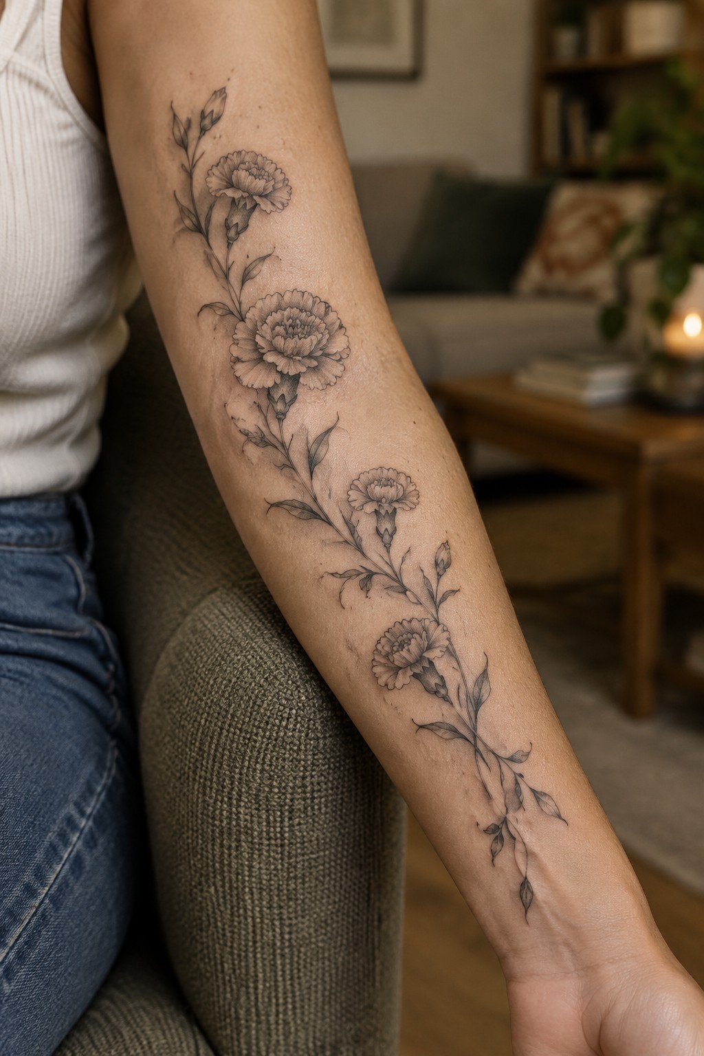 Woman's forearm with black-and-gray carnation tattoo, white tank top and jeans in living room.