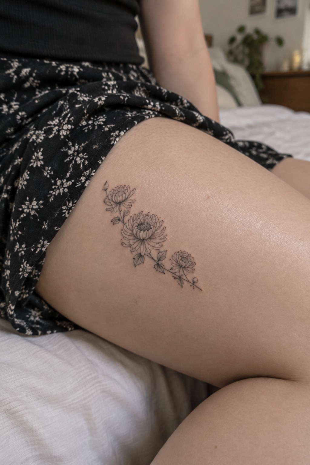 Black chrysanthemum tattoo on thigh beside black floral-patterned skirt on bed