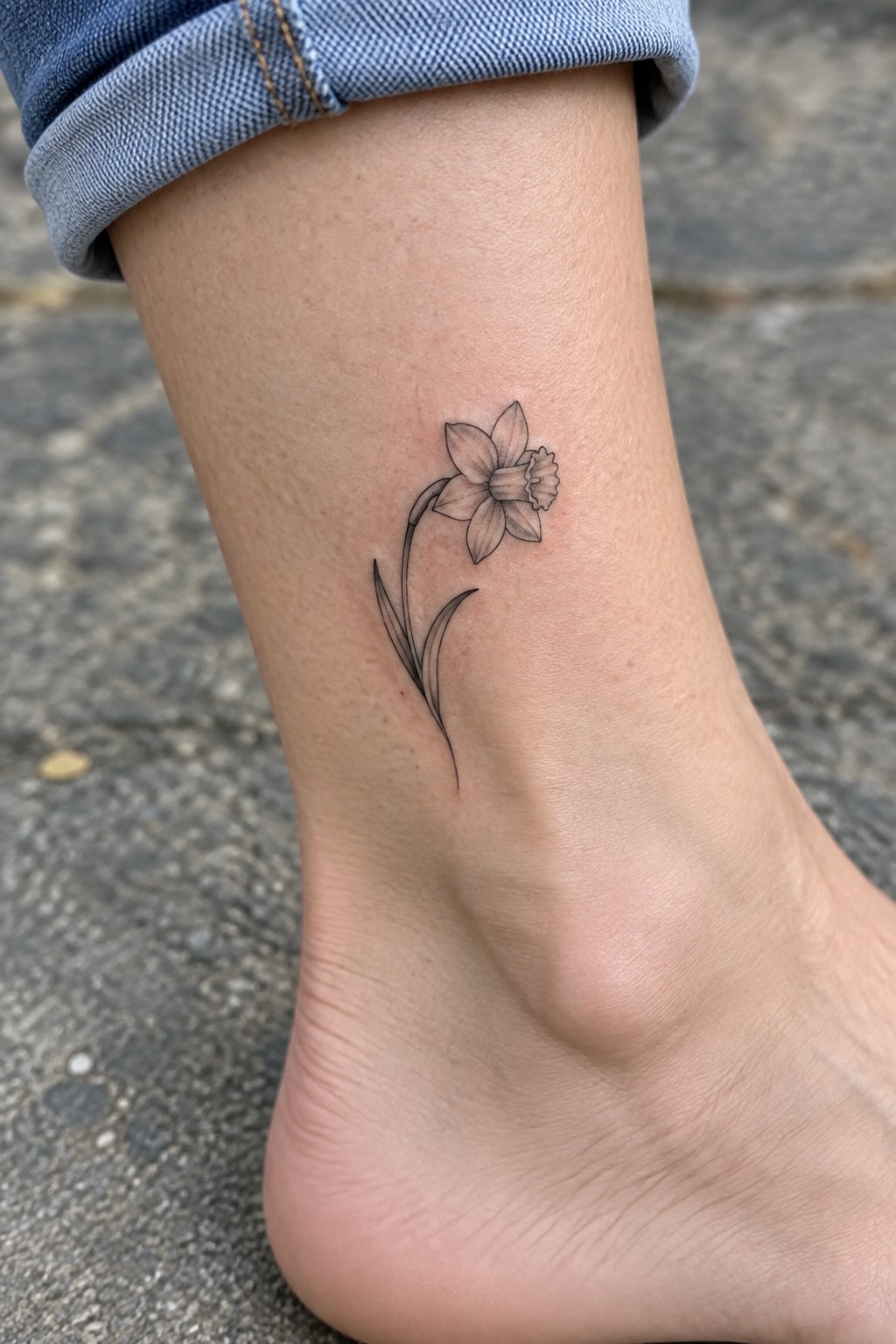 Fine line daffodil tattoo on the ankle showing a single stem with leaves and a shaded bloom