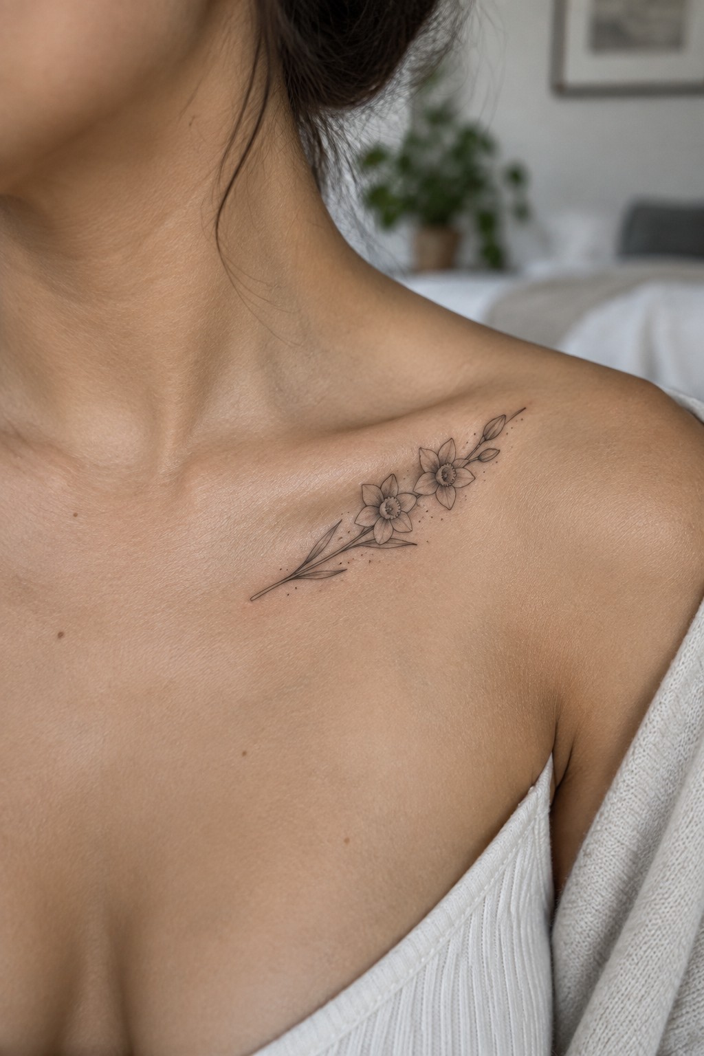 Delicate black floral tattoo of daffodils on light-skinned shoulder and collarbone