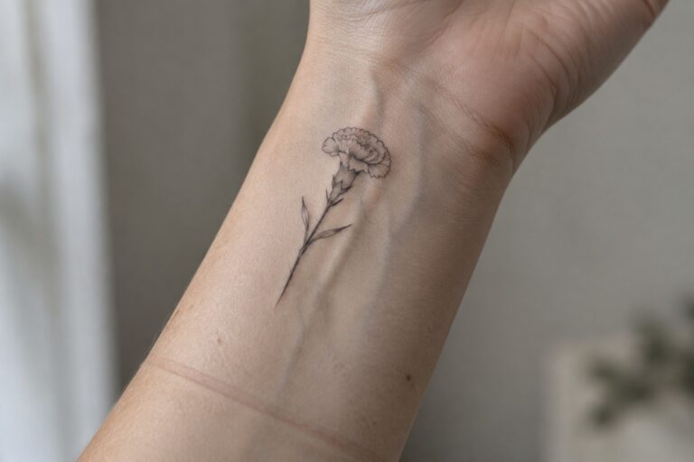 Delicate black carnation tattoo on inner wrist with stem and leaves