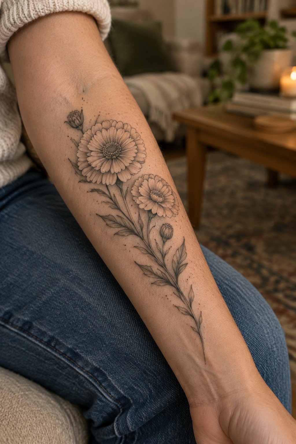 Fine line tattoo of three daisy-style flowers with buds, stems, and leaves running vertically down the inner forearm in black and grey.