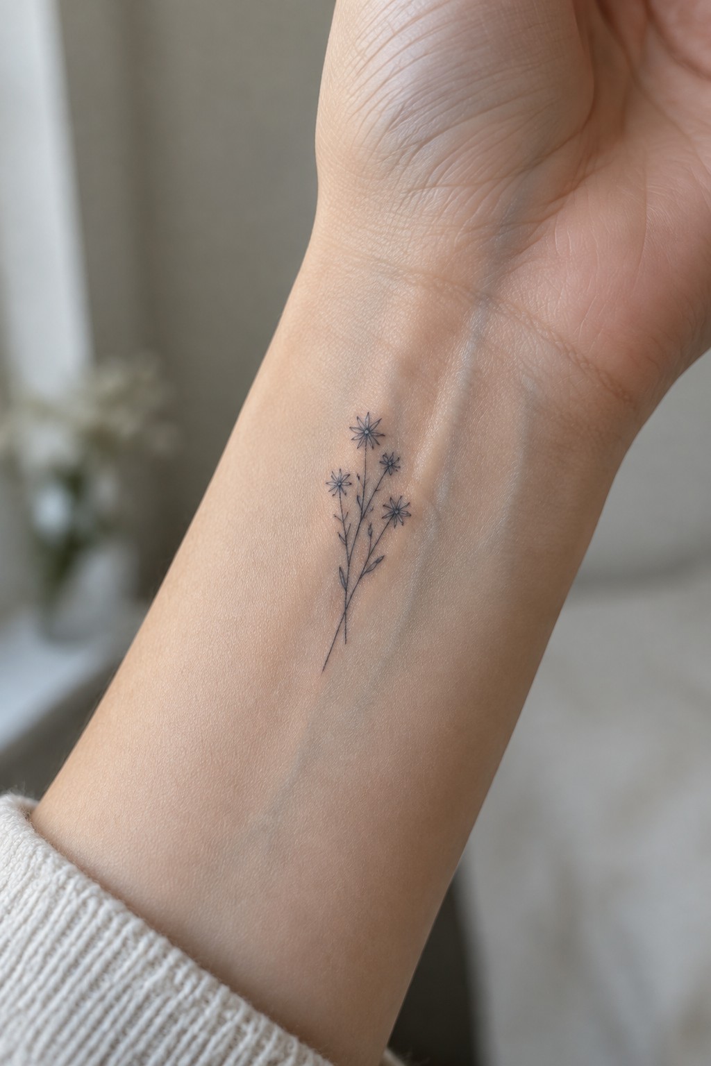 Simple black wildflower tattoo on inner wrist above white knitted sweater cuff