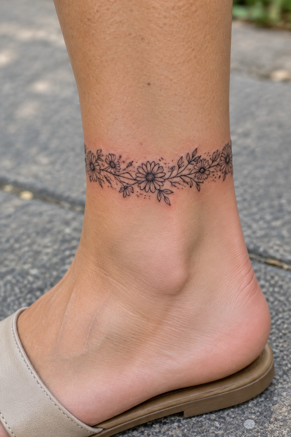 Floral tattoo of daisies and leaves around ankle above beige sandal.