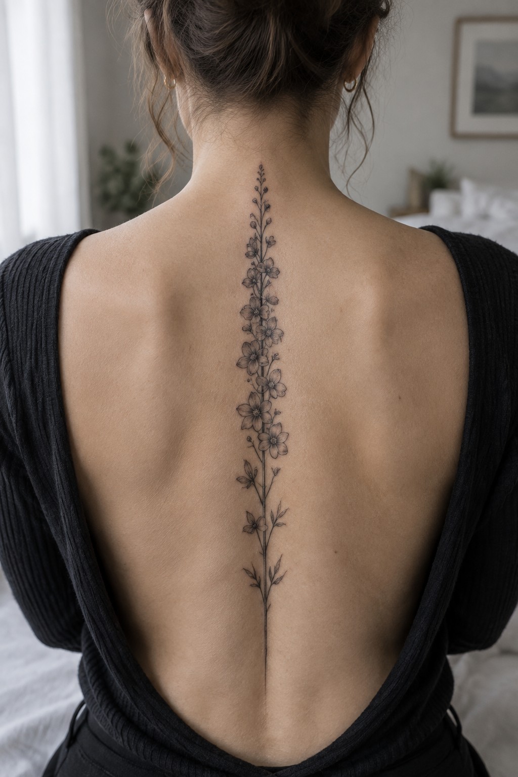 Fine line tattoo of a tall flower stalk with multiple small blooms running vertically down the spine on a woman's back.