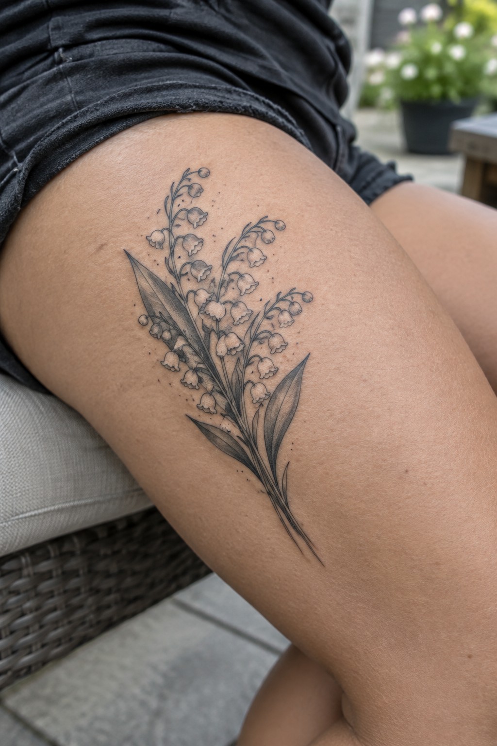Black and gray lily of the valley tattoo on thigh with leaves