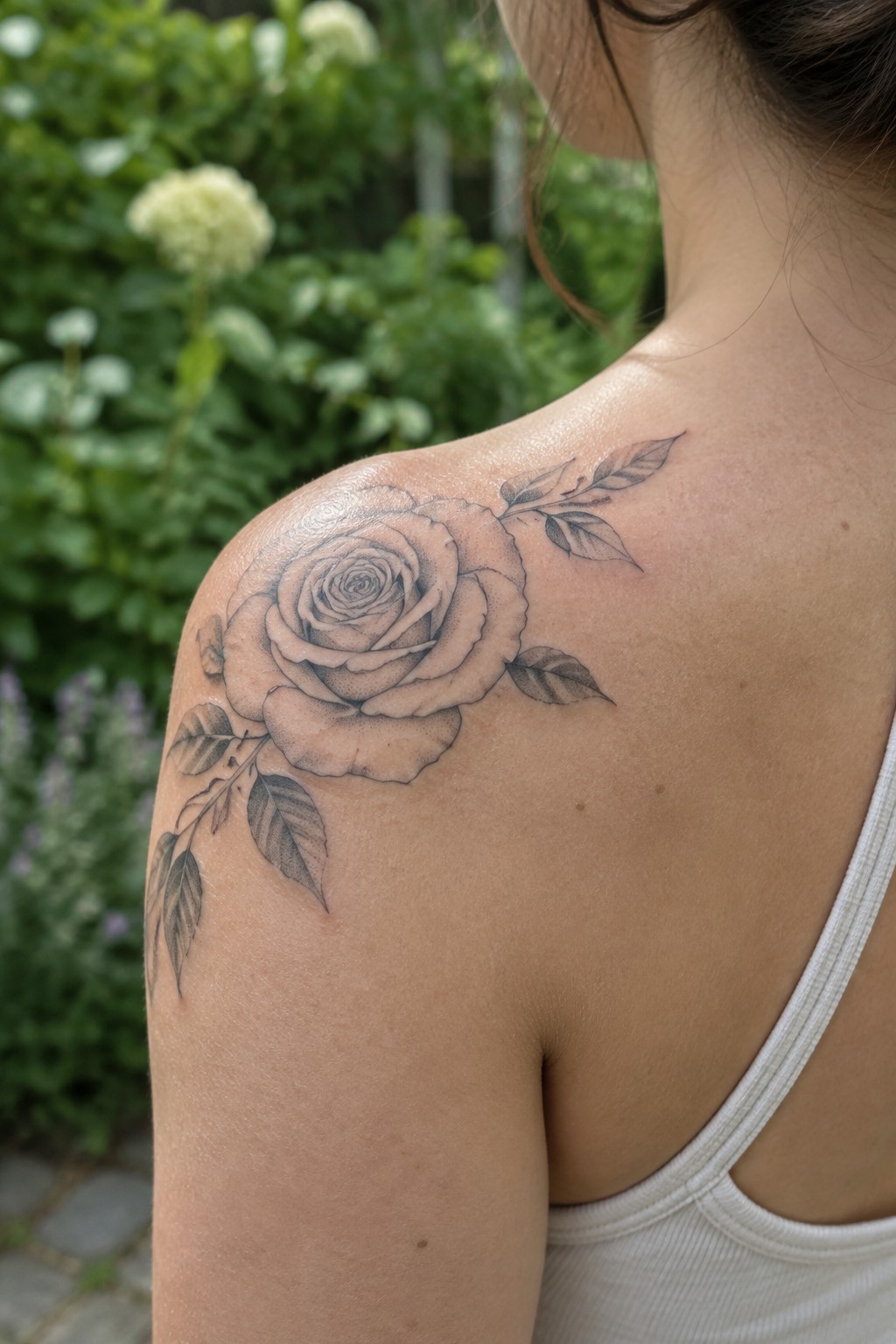 Fine line rose tattoo with leaves on a woman's shoulder