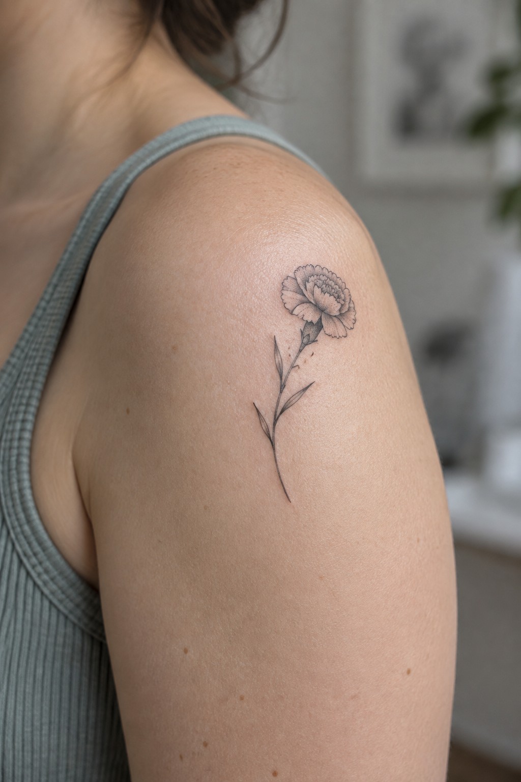Shoulder with detailed carnation tattoo on light skin, gray ribbed tank top.
