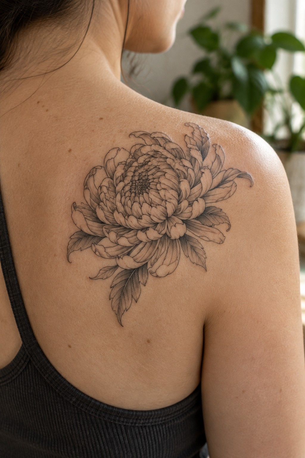 Large chrysanthemum tattoo in black ink on woman's upper back over black tank top