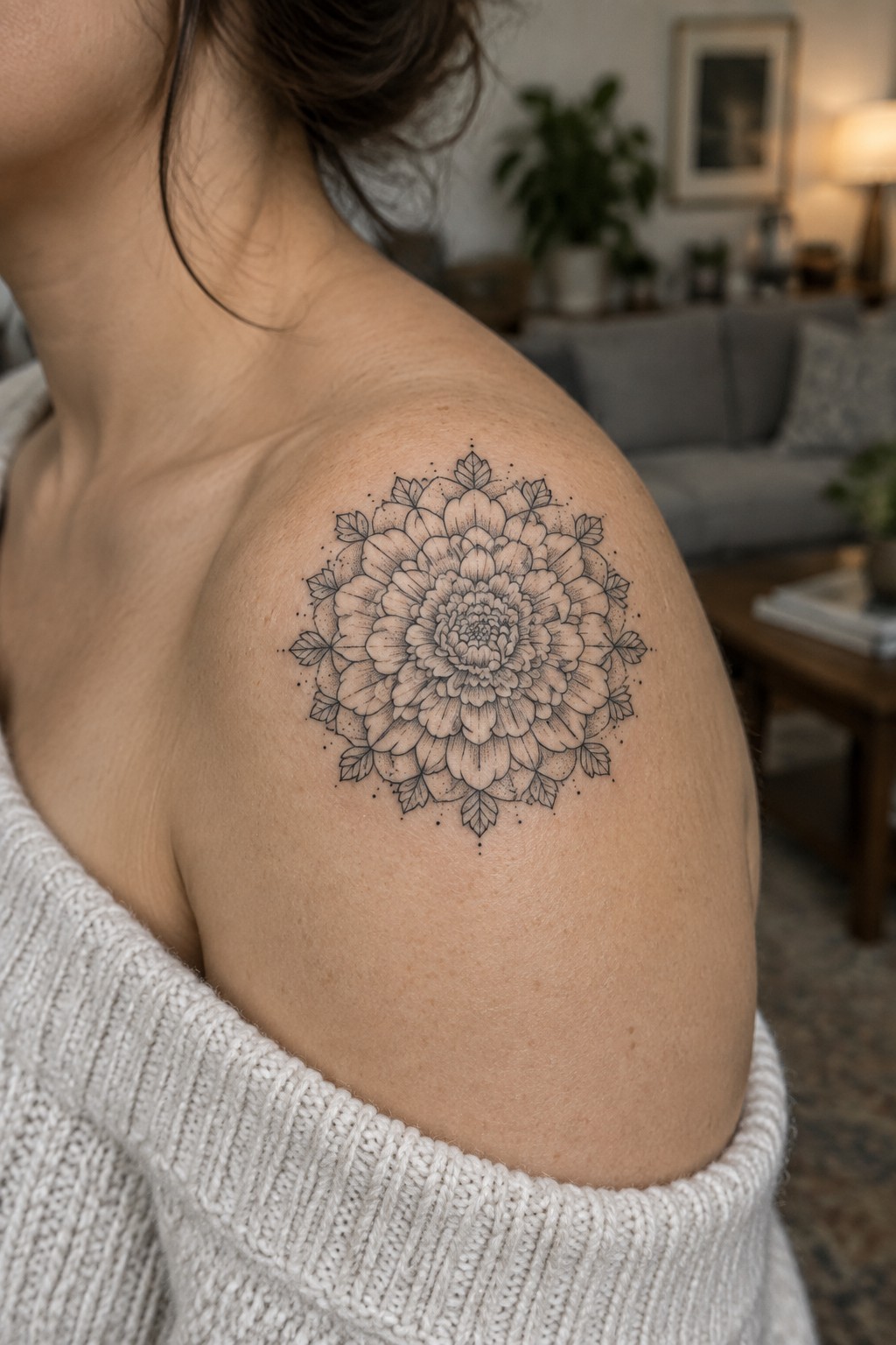 Woman's shoulder with large intricate floral mandala tattoo above off-shoulder white knit sweater.