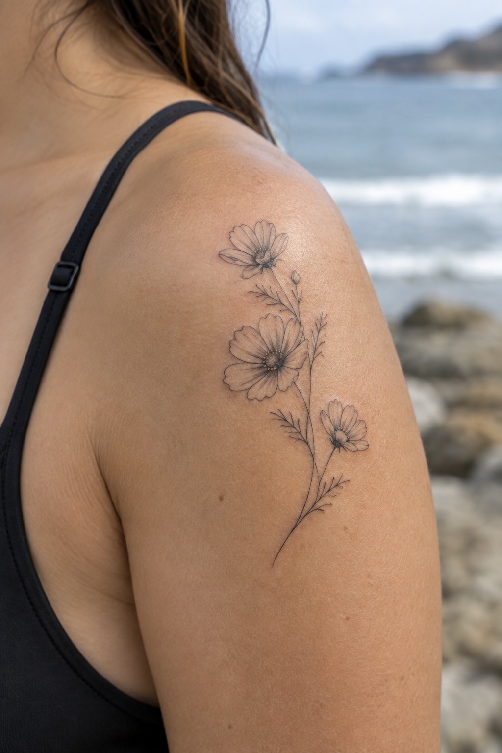 Woman's shoulder with black tank top and fine-line floral tattoo by the ocean