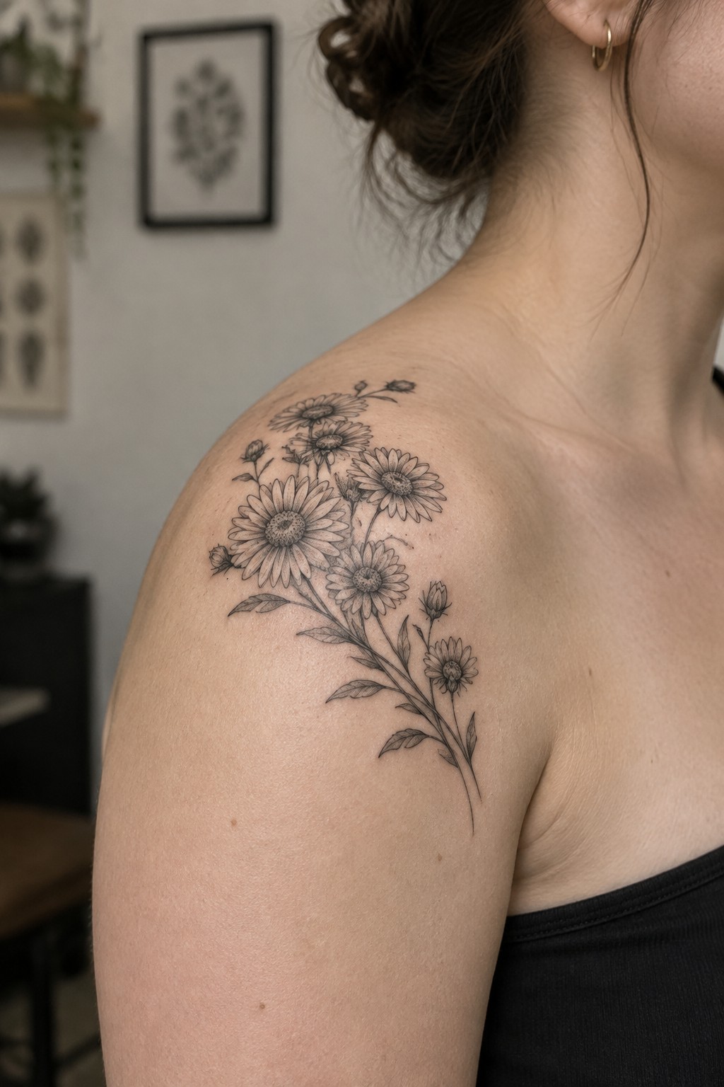 Black and white daisy tattoo on woman's shoulder above black top