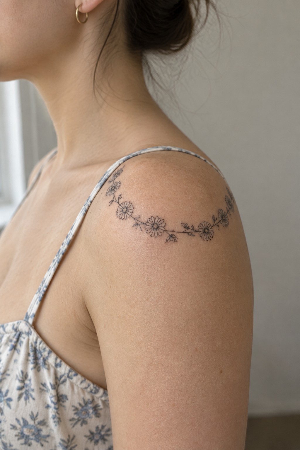 Shoulder with delicate daisy vine tattoo over blue patterned camisole strap.