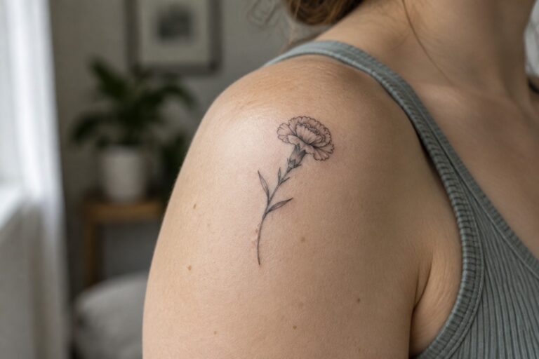 20 Beautiful Fine Line Shoulder Tattoos for Women Centered on Birth Flowers Shoulder with detailed carnation tattoo on light skin, gray ribbed tank top.