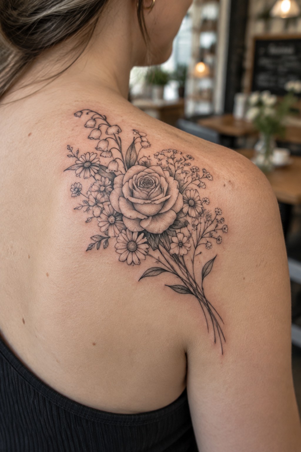Floral tattoo with rose and daisies on woman's shoulder over black top