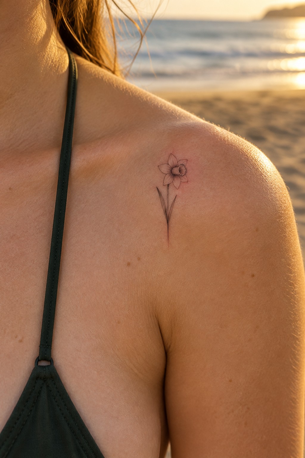 Woman's shoulder with daffodil tattoo, green bikini strap, beach sunset backdrop