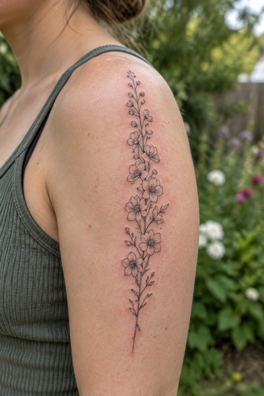 Gray tank top on shoulder with black ink floral tattoo and garden backdrop.