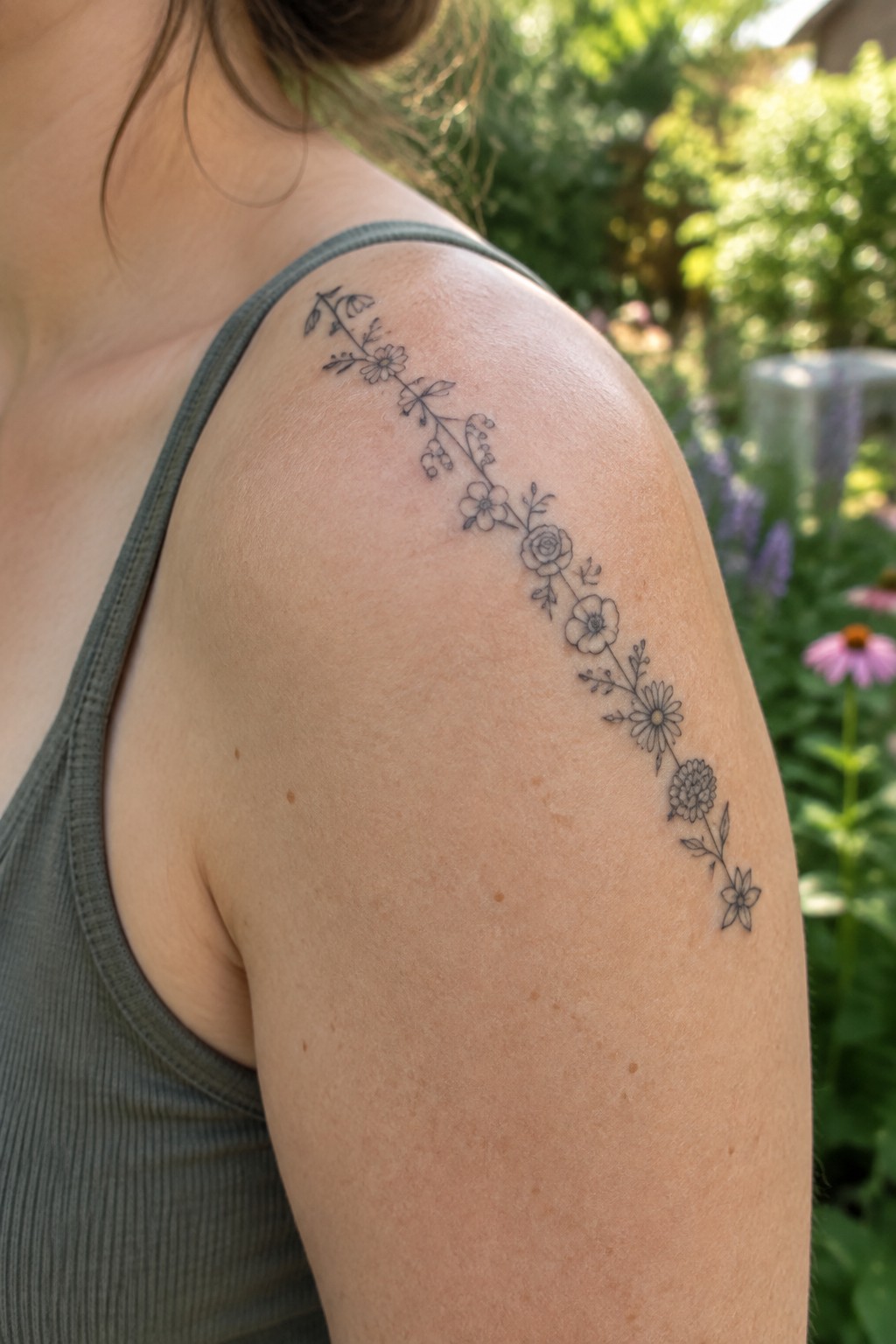 Floral tattoo along shoulder above gray tank top in sunny garden